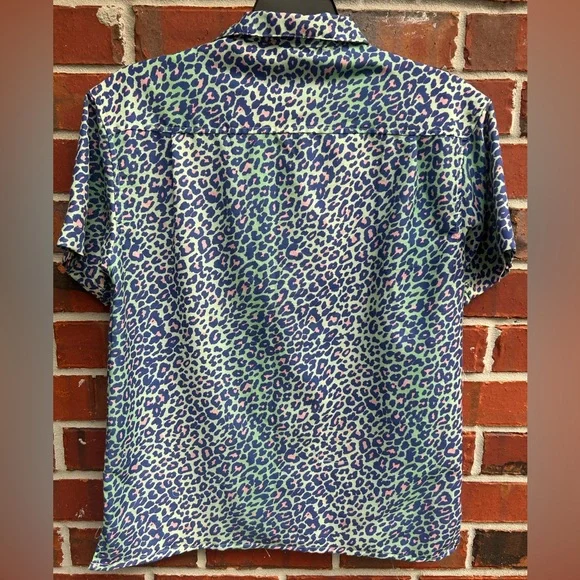 BOARDIES Apparel Lime Leopard S Short Sleeve Turquoise Pink Button Up Shirt G3 - Picture 3 of 7